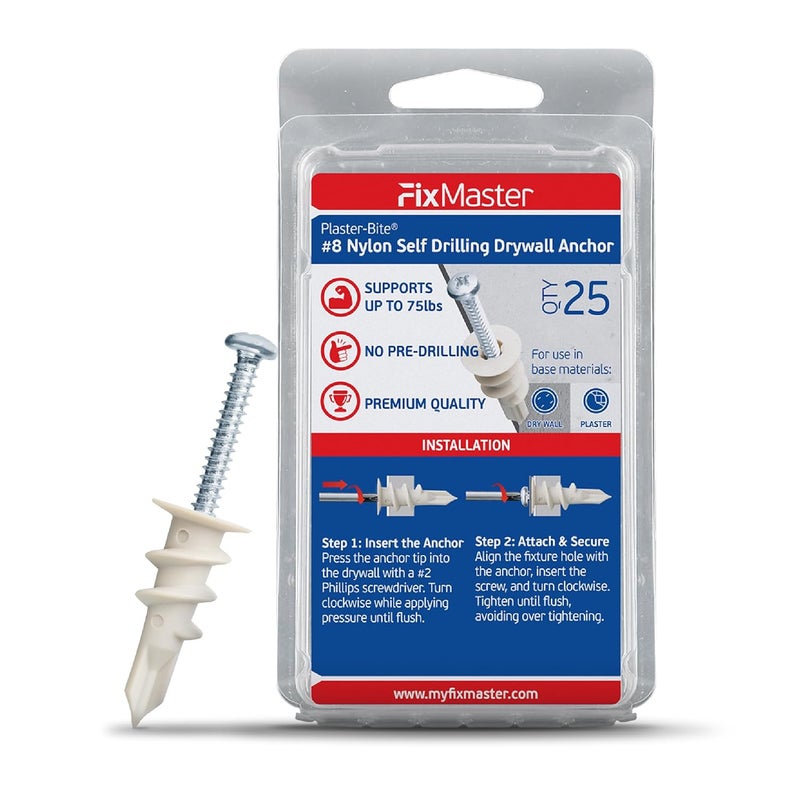FixMaster Nylon Self-Drilling Drywall Anchors w/Screws (25 Anchors & 25 Screws) – Premium Nylon 66 Hollow Wall Anchors for 3/8"-5/8" Drywall – Shock-Resistant Hold, Easy Install - 75lb Holding Strength - Image 1